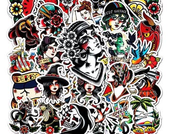 50pcs Old School Tattoo Style Stickers: Waterproof Vinyl Decals for Laptops, Skateboards, Luggage