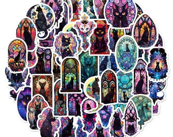 Gothic Black Cat Stickers: Stained Glass Vinyl Decals (Waterproof)