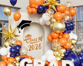 Blue Orange Balloon Arch Kit: Graduation Party Decor 2026 Navy Gold Stars Confetti