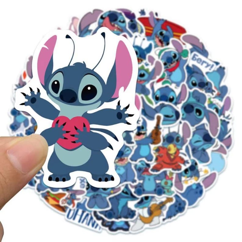 May include: A selection of blue and white stickers featuring the character Stitch. One sticker is held by a hand, showing Stitch holding a red heart. The background is filled with various Stitch designs, with some text visible.