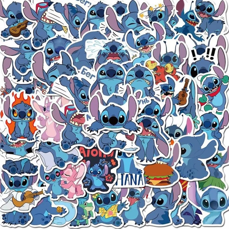 May include: A selection of blue cartoon character stickers in diverse poses and expressions. Some stickers show the character with a guitar, a burger, or wearing a Hawaiian shirt. The stickers are on a white background.