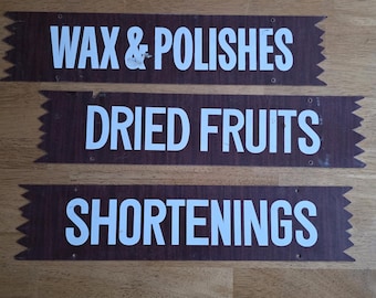 Vintage Plastic Grocery Store Aisle Wax Polish Shortenings Dried Fruits double sided signs lot
