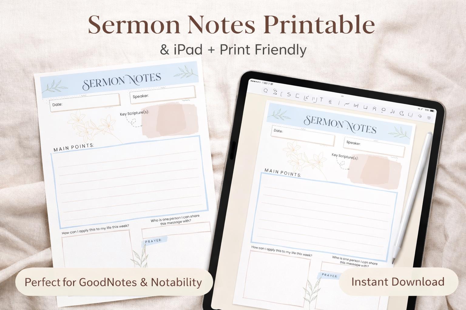 Sermon Notes Printable PDF | iPad Goodnotes Template | Bible Study ...