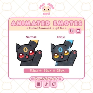 Pode incluir: Uma exibição digital de emotes animados com uma criatura preta de olhos vermelhos e marcas amarelas rotulada como Normal, e uma versão com marcas azuis e olhos amarelos rotulada como Shiny. O texto inclui: Animated Emotes, Instant Download, .gif file, 112px, 56px, 28px, PomNekoArt.
