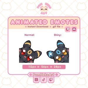 以下が含まれることがあります： 「ANIMATED EMOTES」の文字と、Umbreonに似た2つのアニメーションキャラクターが描かれたピンク色のグラフィック。左のキャラクターは「Normal」、右のキャラクターは「Shiny」と表示されています。グラフィックには「Instant Download .gif file」の文字が含まれています。