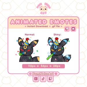 Pode incluir: Emotes animados digitais apresentando uma criatura preta com marcas amarelas, usando um chapéu de festa azul e amarelo e soprando um apito de festa verde. O gráfico inclui o texto ANIMATED EMOTES, Normal, Shiny e tamanhos 112px, 56px, 28px.