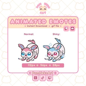 May include: A pink and white graphic with the text "ANIMATED EMOTES" and "Instant Download .gif file." It features two cartoon Sylveon characters, one pink and one blue, with the text "Normal" and "Shiny" above them. The image includes social media icons.
