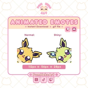 以下が含まれることがあります： アニメーション絵文字のピンクと白のグラフィック。テキストは「ANIMATED EMOTES」と「Instant Download .gif file」です。画像には、「Normal」と「Shiny」というテキストが付いた、黄色と緑の漫画のキャラクターが表示されています。寸法は112px、56px、28pxです。