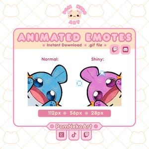 May include: Digital animated emotes featuring a cartoon creature in two color variations: a blue normal version and a pink shiny version with a sparkle effect. The graphic includes the text "ANIMATED EMOTES", "Normal", "Shiny", "112px 56px 28px", and "PomNekoArt".