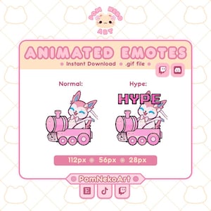 Può includere: Grafica rosa che presenta emote animate. Raffigura un personaggio simile a Sylveon su un treno rosa, con la scritta "ANIMATED EMOTES". La versione "Hype" mostra la parola "HYPE". L'immagine include dettagli sulle dimensioni in pixel.