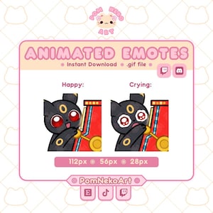 Pode incluir: Uma exibição digital de emotes animados com um personagem preto semelhante a um gato interagindo com uma máquina caça-níqueis vermelha. O texto diz "ANIMATED EMOTES", "Happy", "Crying", "112px 56px 28px" e "PomNekoArt". Inclui ícones do Twitch e Discord.