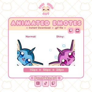 以下が含まれることがあります： アニメーション絵文字が描かれたピンクと白のグラフィック。テキストは「ANIMATED EMOTES」と「Instant Download .gif file」です。画像には青と紫の漫画のキャラクターが表示されています。「PomNekoArt」の文字も含まれています。