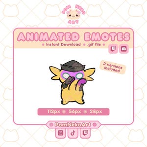 Puede incluir: Un gráfico digital que muestra un personaje de ajolote amarillo con un sombrero oscuro y una máscara morada, etiquetado como ANIMATED EMOTES. La imagen incluye texto: Instant Download, .gif file, 2 versions included, 112px, 56px, 28px, PomNekoArt, e iconos de Twitch, Discord y TikTok.
