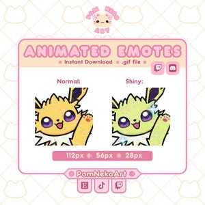 May include: A pink graphic featuring animated emotes. The text reads "ANIMATED EMOTES" with "Instant Download .gif file" below. Two cartoon characters are shown, one yellow and one green, with the text "Normal" and "Shiny" above them. The image includes social media icons.