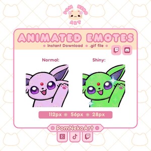 May include: A pink and green animated emote graphic with the text "ANIMATED EMOTES." The graphic shows two versions of a cartoon character, one pink and one green, with waving arms. The graphic includes the text "Instant Download .gif file."