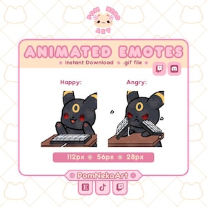 Pode incluir: Emotes animados com uma criatura preta com marcas amarelas numa secretária. Um emote mostra a criatura feliz num teclado, enquanto o outro a mostra zangada a partir um teclado. Texto: "ANIMATED EMOTES", "Happy", "Angry", "112px 56px 28px".
