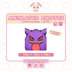 Puede incluir: Gráfico digital de un personaje de dibujos animados morado con ojos rojos y una lengua rosa, diseñado como un emote animado. La imagen incluye el texto "ANIMATED EMOTES", "Instant Download .gif file", y está destinada a Twitch y Discord.