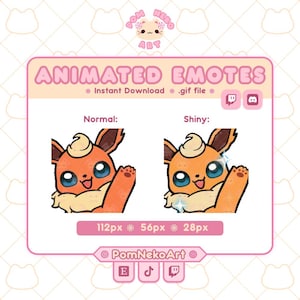May include: A pink-framed graphic featuring animated emotes. The text reads "ANIMATED EMOTES" with "Instant Download .gif file" below. Two versions of a cartoon character are shown, labeled "Normal" and "Shiny". The image includes social media icons and pixel size information.