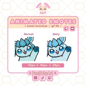 May include: A pink and white graphic featuring animated emotes. The text reads "ANIMATED EMOTES" and "Instant Download .gif file." Two versions of a blue cartoon character are shown, labeled "Normal" and "Shiny." The image includes social media icons and pixel dimensions.