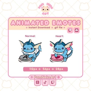 May include: A pink-framed graphic advertising animated emotes. The text reads "ANIMATED EMOTES" with "Instant Download .gif file" below. Two blue cartoon characters are shown, one with a letter "A" and the other with hearts. Social media icons are included.