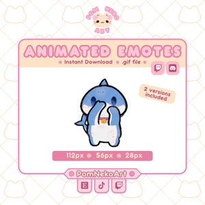 Puede incluir: Un emote digital animado que muestra un tiburón azul y blanco con un collar rosa y un cascabel, cubriéndose la cara con sus aletas. El gráfico incluye el texto ANIMATED EMOTES, 2 versions included y los tamaños en píxeles 112px, 56px, 28px.