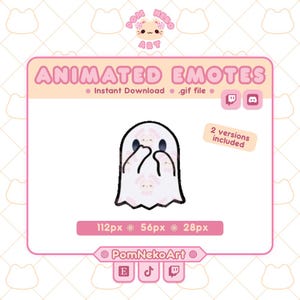 May include: A digital graphic featuring a white ghost character with black eyes and hands covering its face. The text reads ANIMATED EMOTES, Instant Download, .gif file, 2 versions included, 112px, 56px, 28px, and PomNekoArt. Includes Twitch and Discord icons.