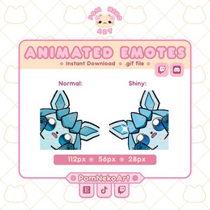 以下が含まれることがあります： ピンクと白のグラフィックで、青と白の生き物のアニメーション絵文字を紹介しています。通常版とシャイニー版があります。「ANIMATED EMOTES」と「Instant Download .gif file」のテキストが含まれています。サイズも表示されています。