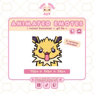May include: A digital art graphic featuring an animated yellow character with a spiky mane, sticking out its tongue. The image is labeled "ANIMATED EMOTES" and includes the text "Instant Download .gif file". The image also includes the text "2 versions included".