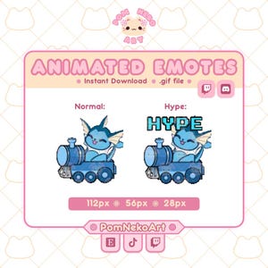 May include: Pink-framed graphic with the text "ANIMATED EMOTES." It features two animated images of a blue creature in a blue train, labeled "Normal" and "Hype." The image is available as a .gif file.