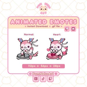 May include: Pink and white animated emotes featuring a Sylveon-like character. The image shows two versions: one with a gray object and the other with a heart-shaped object. Text includes "ANIMATED EMOTES" and "Instant Download .gif file."
