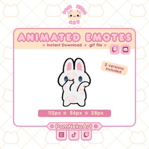 Puede incluir: Un gráfico digital que muestra un conejo de dibujos animados blanco con orejas internas rosas y ojos azules, cubriéndose la boca con las patas. El texto dice ANIMATED EMOTES, 2 versions included, 112px 56px 28px y PomNekoArt. Incluye iconos de Twitch y Discord.