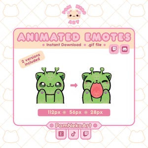 May include: Digital animated emotes featuring a green alien cat character. The graphic displays two versions of the character, one with a neutral expression and one with an open mouth. Text includes "ANIMATED EMOTES", "112px 56px 28px", and "PomNekoArt".