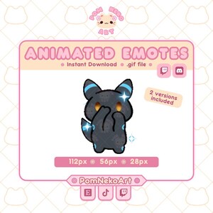 Pode incluir: Um emote animado apresentando uma criatura cinza-escura com marcas azuis, olhos amarelos e um efeito brilhante. O gráfico inclui o texto "ANIMATED EMOTES", "Instant Download", ".gif file", "2 versions included", "112px 56px 28px" e "PomNekoArt".