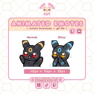 Pode incluir: Emotes animados digitais com uma criatura preta de olhos e orelhas grandes. A versão normal tem marcas amarelas e olhos vermelhos, enquanto a versão brilhante tem marcas azuis e olhos amarelos. Texto: Animated Emotes, Normal, Shiny, 112px, 56px, 28px, PomNekoArt.