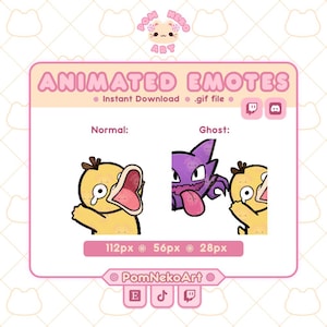 Puede incluir: Una pantalla gráfica digital titulada ANIMATED EMOTES que muestra un pato amarillo en estado normal y fantasma junto a un fantasma morado. El diseño incluye etiquetas de texto, iconos de Twitch y Discord, y opciones de tamaño de 112px, 56px y 28px.