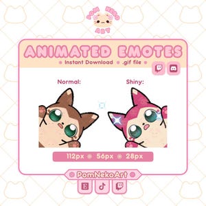 以下が含まれることがあります： 「Normal」と「Shiny」とラベル付けされたアニメーションエモートを表示するデジタルグラフィック。Normalエモートは茶色の猫のような生き物で、Shinyエモートはキラキラしたピンク色のバージョンです。テキストには「Animated Emotes」、「112px」、「56px」、「28px」、「PomNekoArt」が含まれています。