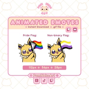 Puede incluir: Emoticonos animados digitales que muestran una criatura amarilla con ojos grandes sosteniendo una bandera del orgullo arcoíris y una bandera no binaria. El gráfico incluye el texto ANIMATED EMOTES, PomNekoArt y etiquetas para Pride Flag y Non-binary Flag en 112px, 56px, 28px.