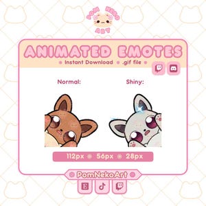 以下が含まれることがあります： ピンク色のフレームにアニメーション絵文字が表示されたグラフィック。テキストは「ANIMATED EMOTES」と「Instant Download .gif file」です。茶色と灰色の2匹の漫画の猫のようなキャラクターが描かれており、上部に「Normal」と「Shiny」という文字があります。