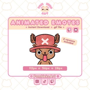 May include: A digital art graphic featuring an animated emote of a cartoon character with a red hat and a white cross. The image includes the text "ANIMATED EMOTES" and "Instant Download .gif file". The image is in a pink frame with social media icons.