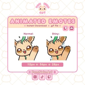 May include: Animated digital emotes featuring a tan creature with large brown eyes and a green tuft of hair, waving a paw. The display shows a normal version and a shiny version with sparkles, labeled with text including Animated Emotes, 112px, 56px, 28px, and PomNekoArt.