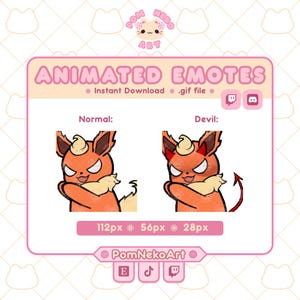 Könnte beinhalten: Eine digitale Anzeige animierter Emotes, die ein orangefarbenes Wesen mit cremefarbenem Fell zeigen. Die Grafik enthält den Text "ANIMATED EMOTES", "Normal", "Devil" und "112px 56px 28px". Symbole für Twitch, Discord und TikTok sind sichtbar.
