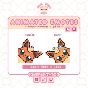 以下が含まれることがあります： デジタルアートグラフィック。キツネのような生き物の2つのアニメーション絵文字が特徴です。1つは通常の状態、もう1つは光沢があります。絵文字はオレンジと白で、大きな青い目があります。「ANIMATED EMOTES」と「Instant Download .gif file」というテキストが含まれています。