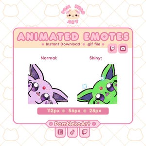 以下が含まれることがあります： 「ANIMATED EMOTES」と「Instant Download .gif file」のテキストが入ったピンクと白のグラフィック。紫と緑の2つのアニメーションキャラクターデザインがあり、「Normal」と「Shiny」のテキストがあります。画像にはソーシャルメディアのアイコンも含まれています。