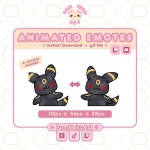 Pode incluir: Emotes animados digitais apresentando uma criatura preta com anéis amarelos, bochechas vermelhas e orelhas pontudas. O texto diz ANIMATED EMOTES, 2 versions included, 112px 56px 28px e PomNekoArt. Ícones do Twitch, Discord e TikTok visíveis.