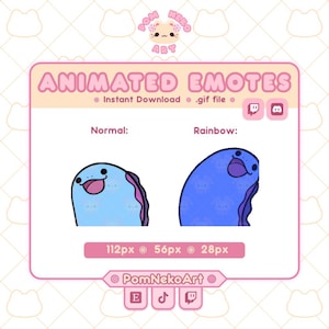 以下が含まれることがあります： ピンク色のフレームに、2つのアニメーション絵文字が表示されています。水色と虹色のキャラクターです。「ANIMATED EMOTES」と「Instant Download .gif file」の文字があります。画像にはソーシャルメディアのアイコンとサイズの仕様が含まれています。