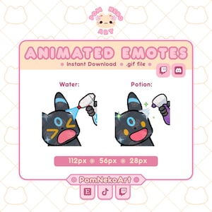 Pode incluir: Emotes animados digitais apresentando uma criatura preta com marcas azuis sendo borrifada com água e uma poção. O gráfico inclui o texto "ANIMATED EMOTES", "Water:", "Potion:", "112px 56px 28px" e "PomNekoArt" com ícones do Twitch, Discord e TikTok.