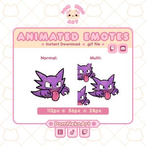 May include: A digital display of animated emotes featuring a purple, spiky creature with a pink tongue sticking out. The text reads "ANIMATED EMOTES", "Normal", "Multi", "112px 56px 28px", "PomNekoArt", and "Instant Download .gif file".