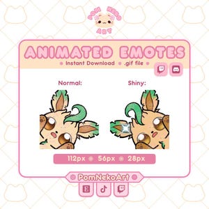 以下が含まれることがあります： ピンク色のフレームにアニメーション絵文字が表示されたグラフィック。テキストは「ANIMATED EMOTES」と「Instant Download .gif file」です。漫画のキャラクターの2つのバージョンが表示されています：「Normal」と「Shiny」。ソーシャルメディアのアイコンとピクセル寸法も含まれています。