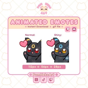 Pode incluir: Emotes animados digitais apresentando uma criatura preta com um coração rosa. O texto diz: "ANIMATED EMOTES", "Normal:", "Shiny:", "112px 56px 28px", "PomNekoArt". A criatura tem olhos vermelhos na versão normal e amarelos com detalhes azuis na versão shiny.