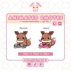 May include: A pink and white graphic featuring two animated Eevee emotes. One is a normal emote, and the other is a heart emote. The text "ANIMATED EMOTES" is at the top, with "Instant Download .gif file" below it.